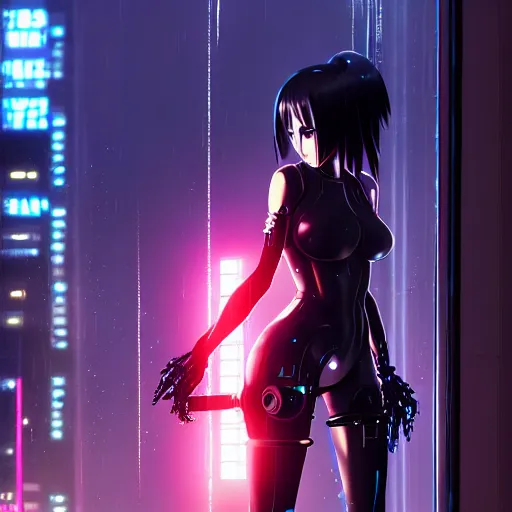 Image similar to cyberpunk anime art, beautiful cyborg girl in the style of arcane holding excalibur, full round face, biomechanical details, full body shot, rain, wet street, window reflections, lens flare, wlop, ilya kuvshinov, artgerm, krenz cushart, greg rutkowski