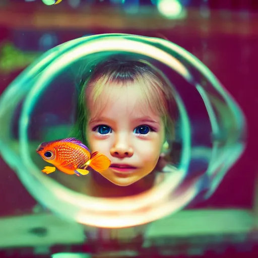 Prompt: closeup portrait of beautiful kid looking through a aquarium fish ball in a tent, mandarin fish, at night with neon lights, excitement, surprise, happiness, professional photoshoot, kodak portra, photographed in film, soft and detailed, realistic, bokeh