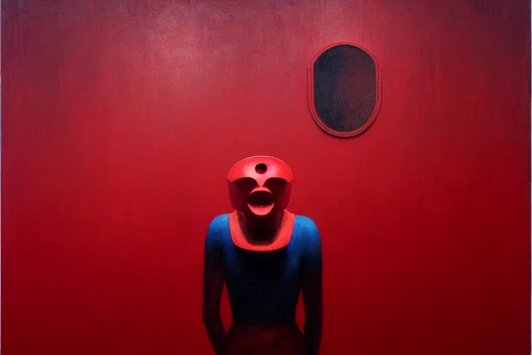 Prompt: only with red, red art thieves with disney masks, in a museum with contemporary art paintings, in the style of beksinski, parts by edward hopper, parts by rodcenko, parts by yue minjun, intricate and epic composition, red by caravaggio, insanely quality, highly detailed, masterpiece, red light, artstation, 4 k