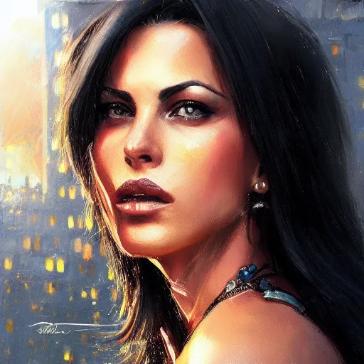 Image similar to a closeup portrait of monica belucci, dramatic light, city background, sunset, high contrast, sharp, painted by stanley lau, painted by greg rutkowski, painted by stanley artgerm, digital art, trending on artstation