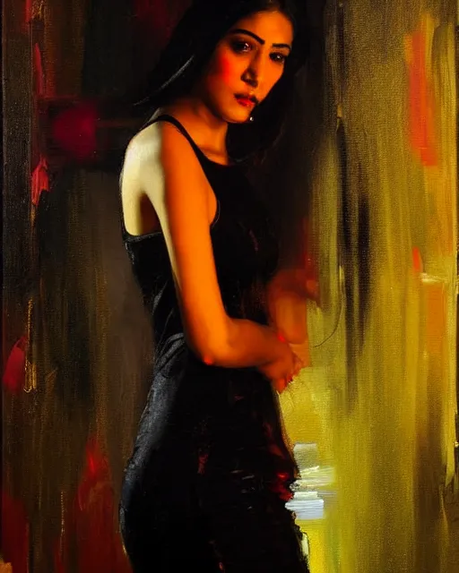 Image similar to beautiful portrait painting an gorgeous delhi girl wearing a little black dress at a nightclub, red lighting, oil painting, art by ruan jia