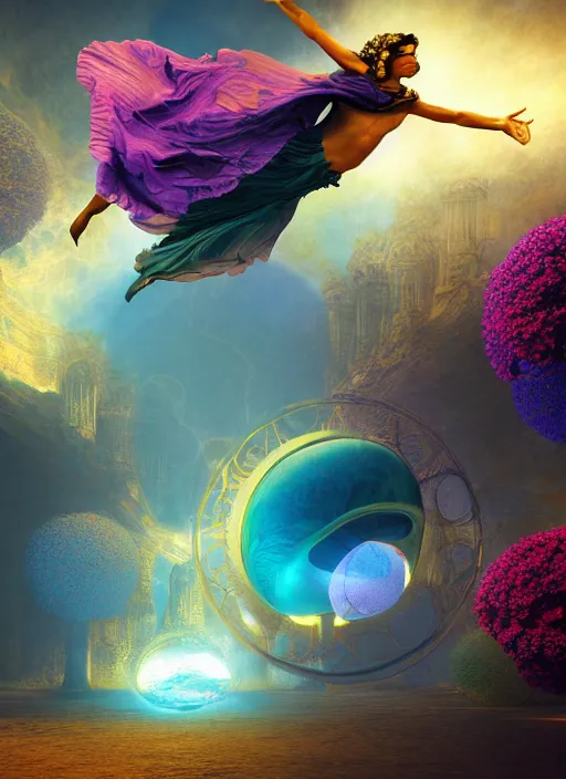 Image similar to flowers within the whole infinite capsule apparent with awe the apparition, an idea seep's into infinity highly detailed in volumetric latent space, golden turquoise steampunk, high contrast cinematic light, mystical shadows, sharp focus, divine realm of gods, octane render, artist by boris vallejo,