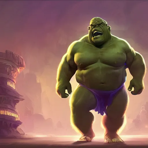 Image similar to clear portrait hulking herculean ogre danny devito, background hyper detailed, character concept, full body, dynamic pose, glowing lights intricate, elegant, highly detailed, digital painting, artstation, concept art, sharp focus, illustration, van baarle lois and sanderson ruth