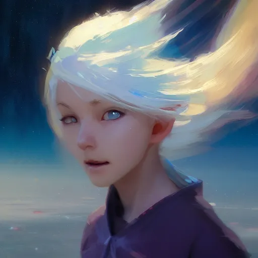 Prompt: portrait of a cute blue-eyed girl with white hair against the background of space, painting by Craig Mullins, octane rendering, soft morning lighting, wide angle lens, in the style of Hayao Miyazaki, trending on artstation,