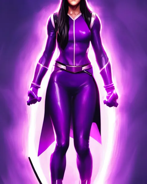 Image similar to Psylocke Chloe Bennet long hair, holding purple Halo energy sword, realistic character concept, action pose, comic book, illustration, slender symmetrical face and body, artstation, cinematic lighting, hyperdetailed, artgerm, 8k, Rafeal Albuquerque comic book art, single face, insanely detailed and intricate, beautiful