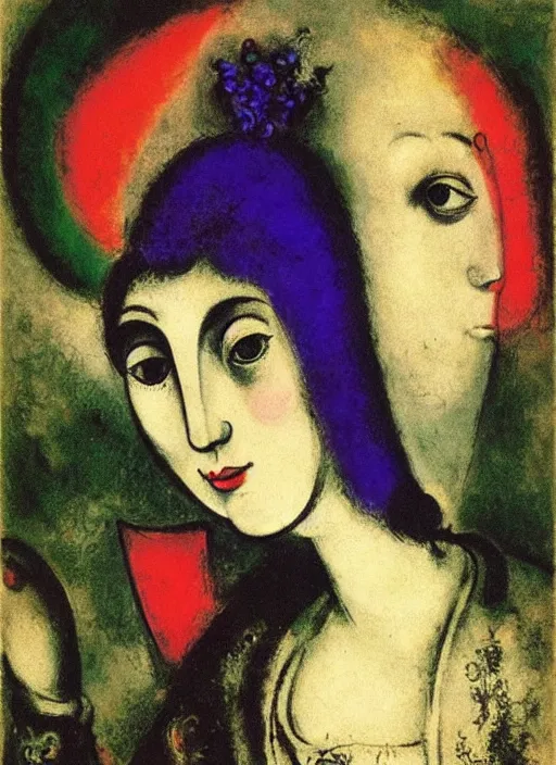 Prompt: portrait of young woman in renaissance dress and renaissance headdress, art by marc chagall