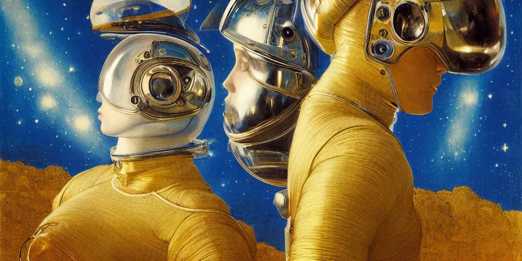 Image similar to portrait of a beautiful chrome female robot wearing a space helmet, reflections, mirroring, stars in space, rich clouds, warm azure tones, heavy lensflare, color bleed, film grain, depth of field, jules bastien - lepage, rudolph belarski, johfra bosschart, alexandre cabanel