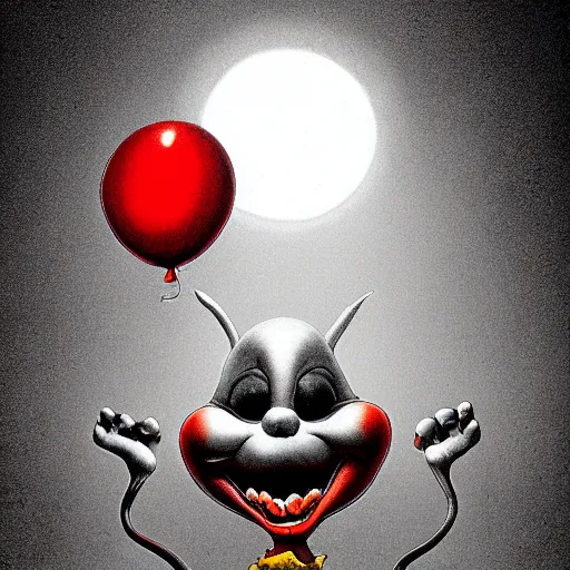 Prompt: scribble of bugs bunny with a wide smile and a red balloon by Zdzisław Beksiński, loony toons style, pennywise style, corpse bride style, creepy lighting, horror theme, detailed, elegant, intricate, conceptual, volumetric light