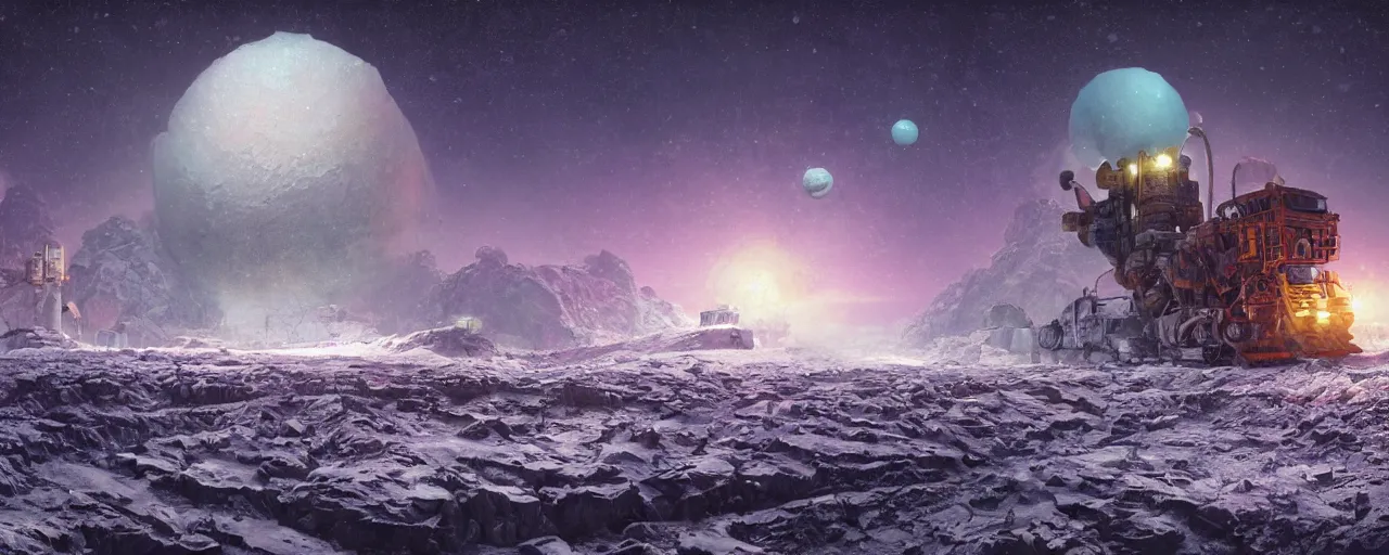 Prompt: outer planet covered with ice, steam shovel mining, art by paul lehr, cinematic, detailed, epic, widescreen, opening, establishing, matte painting, photorealistic, realistic textures, octane render