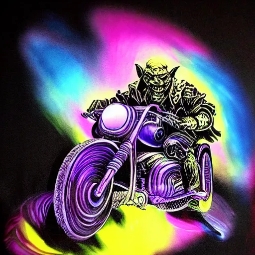 Image similar to psychedelic blacklight airbrush artwork of an orc riding a motorcycle, airbrushed on a black background