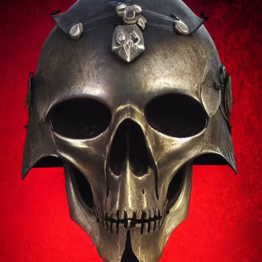 Prompt: medieval helmet in the shape of a demon skull, red eyes, flames, artsation, 4 k