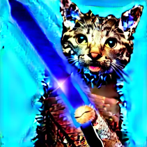 Prompt: Cat holding a glowing blue sword , digital art , 4k