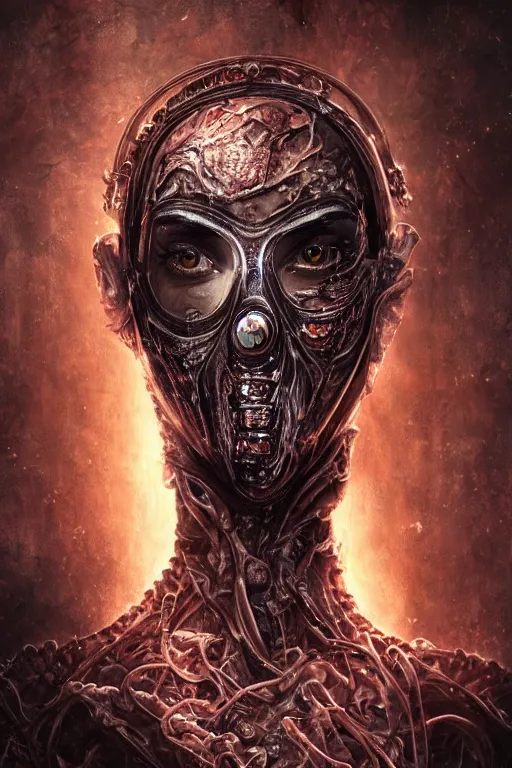 Image similar to realistic portrait of beautifully crystalized and detailed portrait of a biomech zombie woman wearing a gasmask, matte painting of cinematic movie scene red dragon, horror, created by gustave dore and greg rutkowski, high detailed, smooth draw, synthwave neon retro, intricate, realistic proportions, dramatic lighting, trending on artstation.