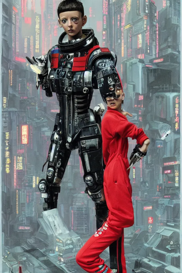 Image similar to CHAPPIE In A Red Adidas Track Suit In Neo Tokyo with Die Antwoord, full figures, stormy weather, extremely detailed masterpiece, low-key neon lighting, artstation, 2001: A Space Odyssey, Roger Deakin’s cinematography, by J. C. Leyendecker and Peter Paul Rubens and Edward Hopper and Michael Sowa