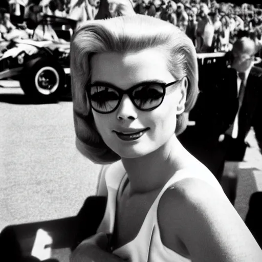Prompt: selfie smartphone photo of a young Grace Kelly at the Monaco Gran Prix, F1 cars blurred in background, iphone photo, smartphone resolution, low resolution camera