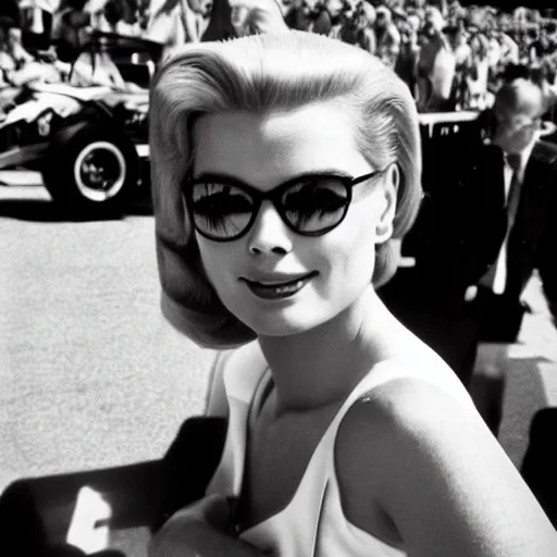 Image similar to selfie smartphone photo of a young Grace Kelly at the Monaco Gran Prix, F1 cars blurred in background, iphone photo, smartphone resolution, low resolution camera