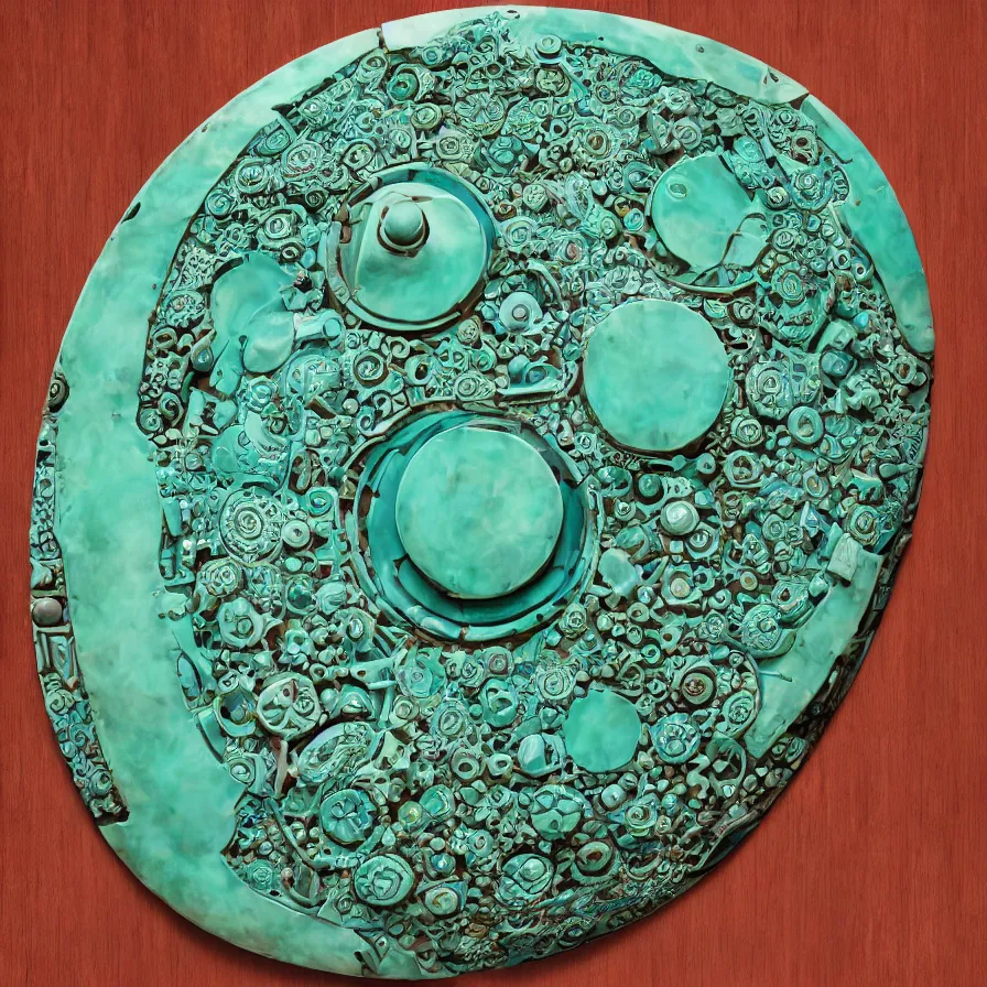 Image similar to beautiful gallery show studio photograph of a giant realistic round biomechanical ceramic sculpture of a plough horse, fractal 3 d structure, celadon glaze, placed on a polished wooden table, colorful hyperrealism 8 k trending on artstation