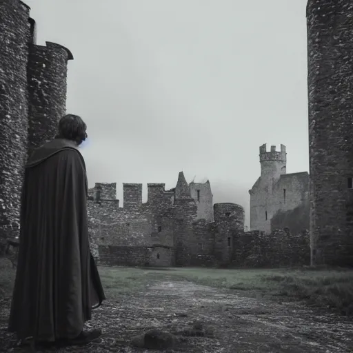 Prompt: merlin and gawain in a dark gloomy atmospheric medieval castle