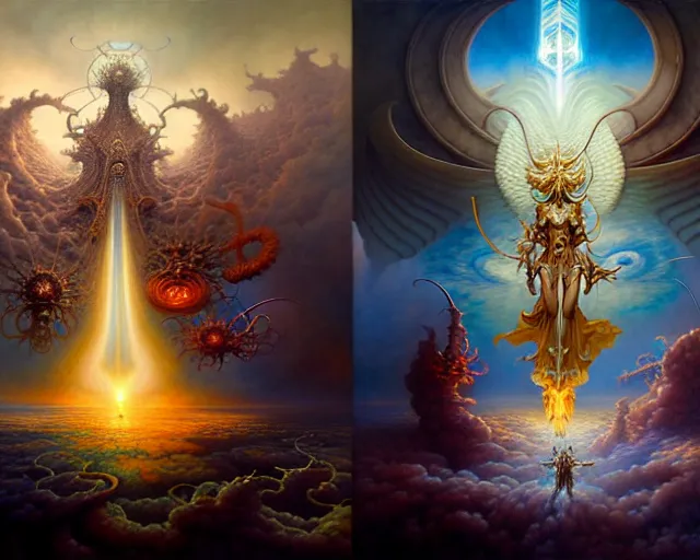 Image similar to the armies of heaven and hell, fantasy character portrait made of fractals facing each other, ultra realistic, wide angle, intricate details, the fifth element artifacts, highly detailed by peter mohrbacher, hajime sorayama, wayne barlowe, boris vallejo, aaron horkey, gaston bussiere, craig mullins