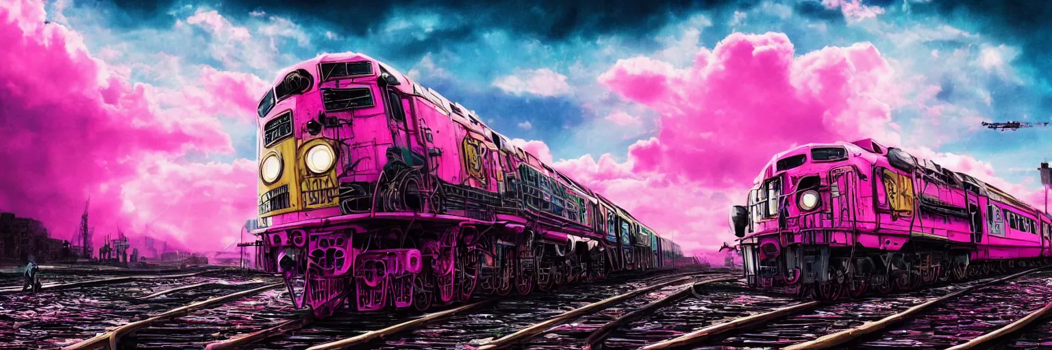 Image similar to pink, close - up train, space, dog, run, pirate neon ship with punks on board, mohawks, neon, oil painting, rich deep colors masterpiece, ultra detailed, contrast, heaven pink, lots of roman arches, clouds, sky, volumetric light, atmospheric lighting, dramatic, cinematic, moody, octane render 4 k, 8 k