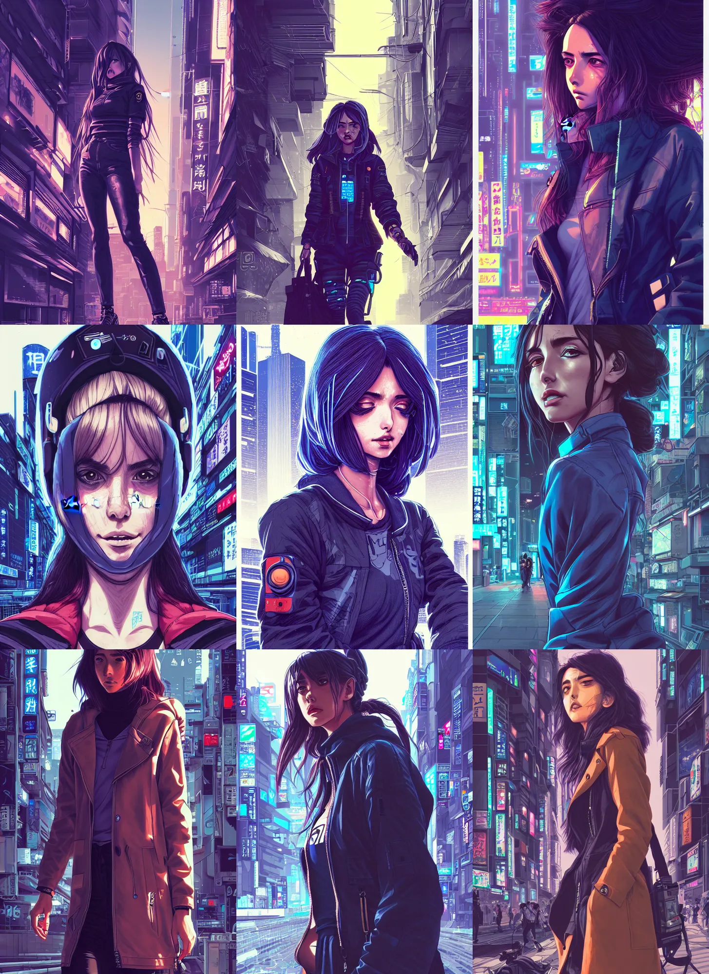 Prompt: detailed illustration of ana de armas portrait cyberpunk clothes and hair in a tokyo street, trending on artstation, by dan mumford, yusuke murata, makoto shinkai, ross tran, cel shaded,