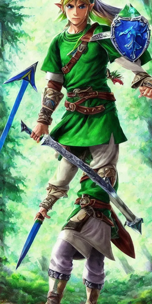 Prompt: link dressed in traditional green tunic and cap, holding the master sword and hylian shield in each hand, in dynamic fighting pose, clear detailed face with focused expression, mystical forest background, dark skies, green purple blue pink iridescent color scheme, intricately detailed, finely textured, cgsociety