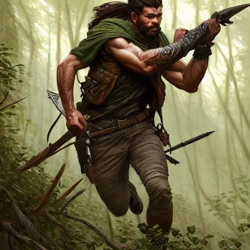 Image similar to Rugged male ranger running through the forest, masculine, D&D, muscular, fantasy, intricate, elegant, highly detailed, digital painting, artstation, concept art, smooth, sharp focus, illustration, art by artgerm and greg rutkowski and alphonse mucha