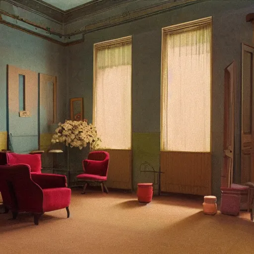 Image similar to a lot of different flowers in a liminal abandoned room, film still by wes anderson, depicted by balthus, limited color palette, very intricate, art nouveau, highly detailed, lights by hopper, soft pastel colors, minimalist