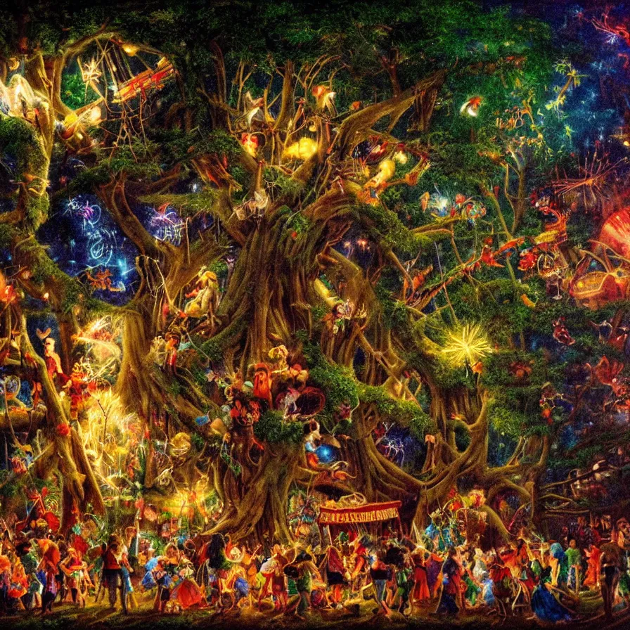 Image similar to closeup of a night carnival inside a tree cavity in a magical forest in the middle of a summer storm, with a music scenario with many fireworks and christmas lights, volumetric lightning, instense god rays in the sky, folklore people disguised with fantastic creatures in a magical forest by summer night, masterpiece painted by norman rockwell, very coherent and colorful high contrast masterpiece,