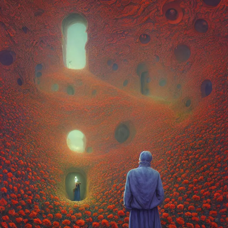 Prompt: A person standing in front of a portal made of opium poppies, epic surrealism, Detailed digital matte painting in the style of simon stalenhag and Bev dolittle Zdzislaw Beksinski, Greg Hildebrandt artstation, psychedelic