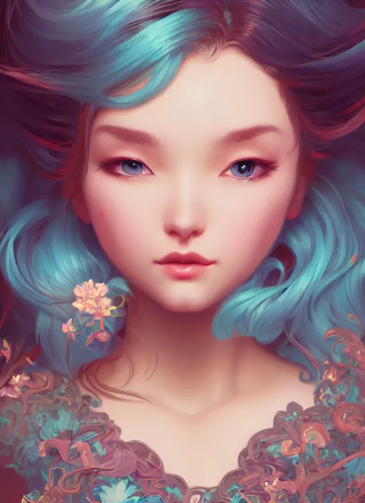 Image similar to beautiful girl with long turqoise hair, cute, intricate, highly detailed, digital painting, trending on artstation, concept art, smooth, sharp focus, illustration, unreal engine 5, 8 k, art by rossdraws and alphonse mucha