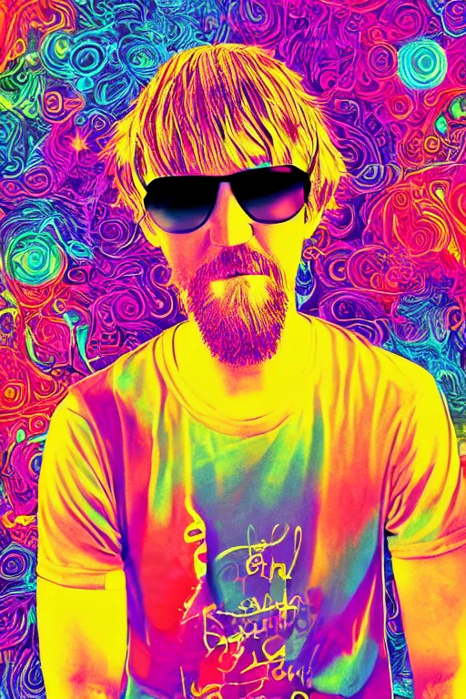 Image similar to inspirational style hope poster of shaggy bo burnham with beard, psychedelic colors, highly detailed, photograph, loving