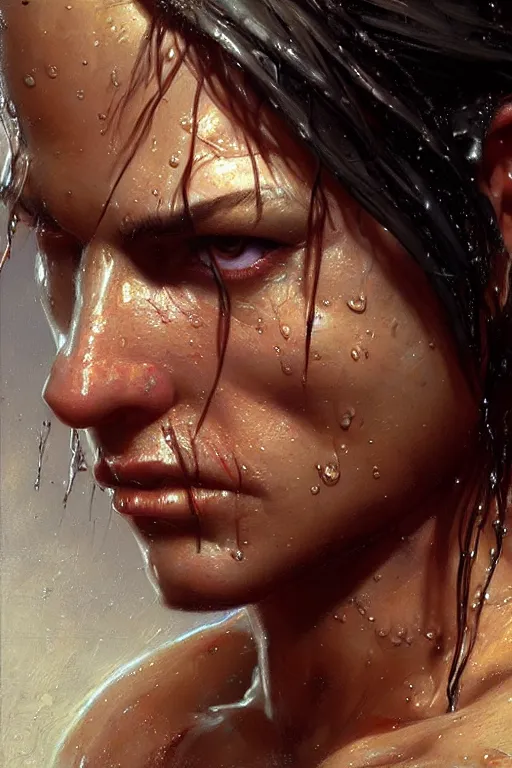 Prompt: muscular sweat and wet, lara croft, exhausted face close up, highly detailed painting by gaston bussiere, craig mullins, j. c. leyendecker 8 k