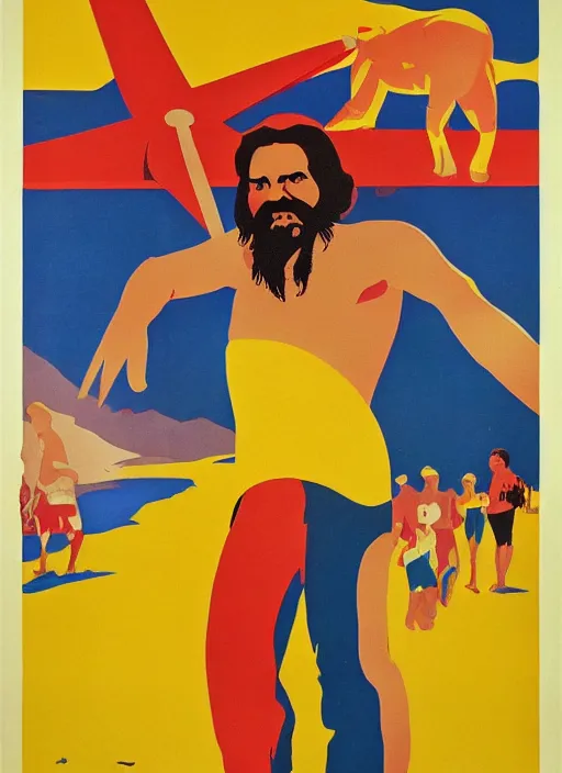 Image similar to soviet tourism poster for a beach resort depicting charles manson slipping on a banana peel