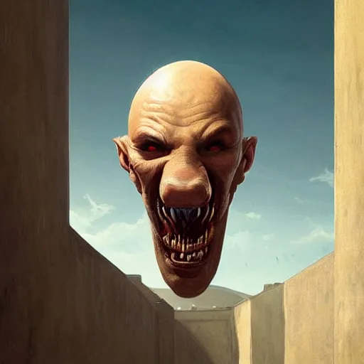 Prompt: A beautiful conceptual art of a giant head. The head is bald and has a big nose. The eyes are wide open and have a crazy look. The mouth is open and has sharp teeth. The neck is long and thin. by Greg Rutkowski, by Francesco Borromini playful