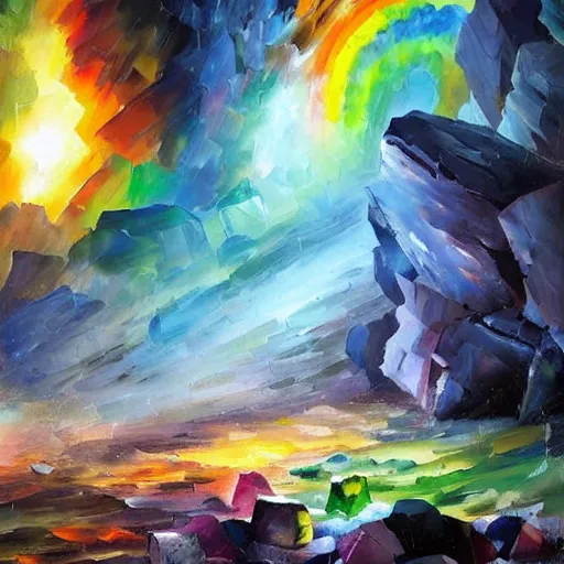 Image similar to A huge cave full of rainbow color crystals and gems on the ground, and stuck to the walls made of huge grey boulders, very dark, midnight, oil painting by Afremov and Greg Rutkowski.