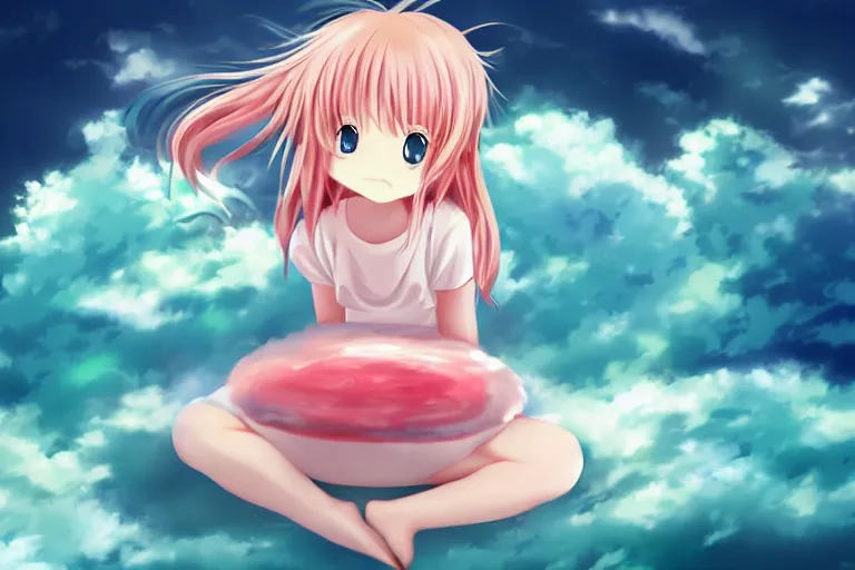 Image similar to a cute anime girl sitting on a cloud, digital art, anime,