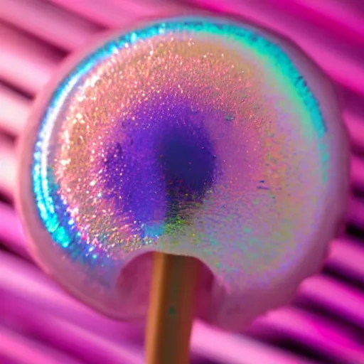 Prompt: extreme close up on an iridescent lollipop 80mm lens