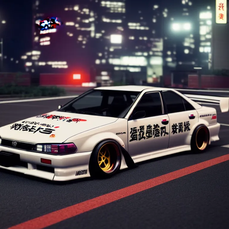 Image similar to Toyota JZX100 Drift, detailed-wheels, Shibuya prefecture, cinematic lighting, photorealistic, night photography, octane render