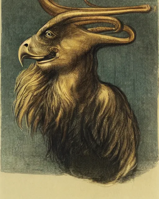 Image similar to a creature with the body and eyes of a man, with the beak of an eagle, the mane of a lion, and the horns of an ox. drawn by francis bacon
