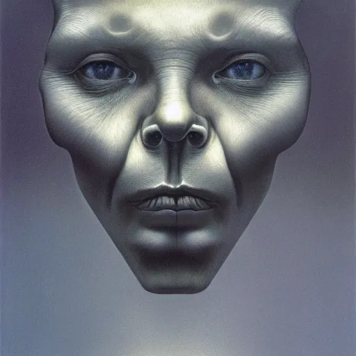 Image similar to human with metallic face by Zdzisław Beksiński