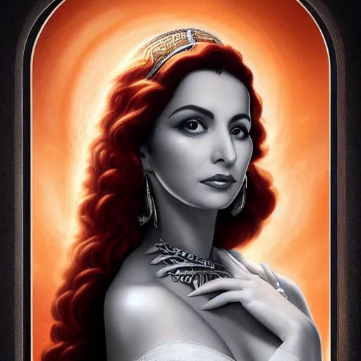 Image similar to a detailed fantasy character portrait of faten hamama as goddess of noir films by lauri blank, artgerm, evelyn de morgan, 8K, 50mm lens