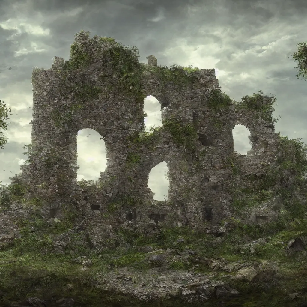 Prompt: looking up at a ruined castle on a small island only reachable by a small land bridge, 8 k, ultra realistic cinematic, intricate, cinematic light, concept art, illustration, art station