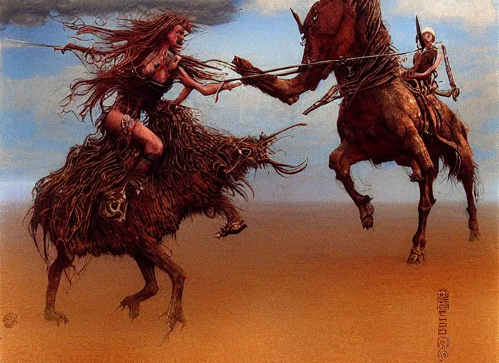 Image similar to cowgirl fighting monsters by Beksinski and Luis Royo