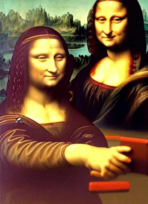 Image similar to oil painting of Mona Lisa by Leonardo Da Vinci but Mona Lisa is using an iPhone to take a selfie, selfie pose