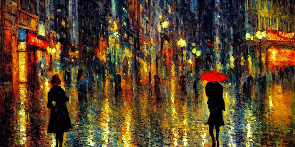 Image similar to evening city scene with young woman with umbrella. beautiful use of light and shadow to create a sense of depth and movement. neo - impressionism, using energetic brushwork and a limited color palette, providing a distinctive look and expressive quality in a rhythmic composition