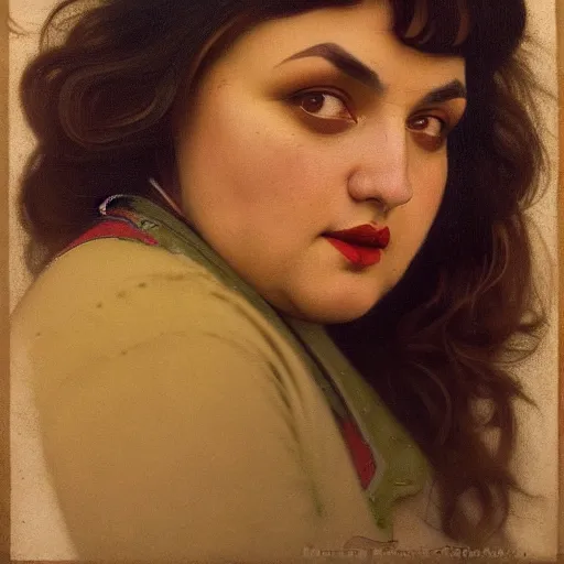 Image similar to A portrait of a plump romanian woman, art neuveau woman with straight brown hair in a Bob, no bangs, brown eyes, full face, olive skin, romanian heritage, full shot, mid-shot, 8k, by mucha