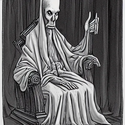 Prompt: an old pale man sitting upon a throne, lovecraftian, low angle,