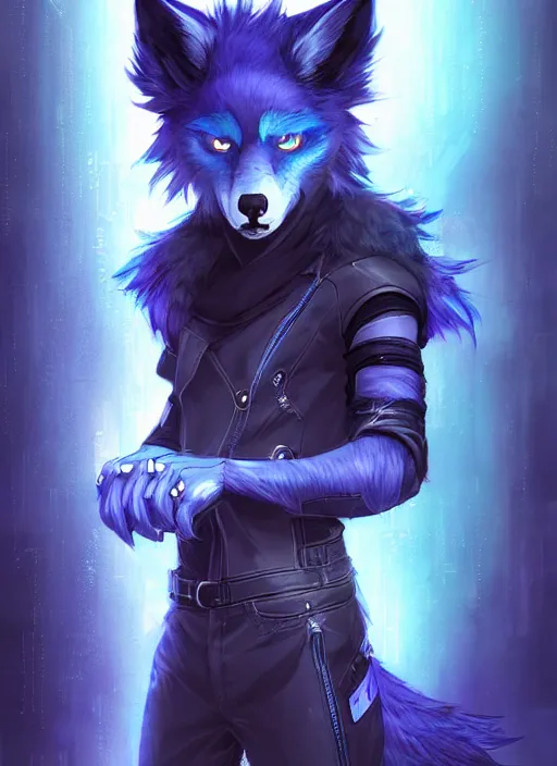 Prompt: award winning beautiful portrait commission of a male furry anthro Blue wolf fursona with a tail and a cute beautiful attractive detailed furry face wearing stylish black cyberpunk clothes in a cyberpunk city at night while it rains. Character design by charlie bowater, ross tran, artgerm, and makoto shinkai, detailed, inked, western comic book art