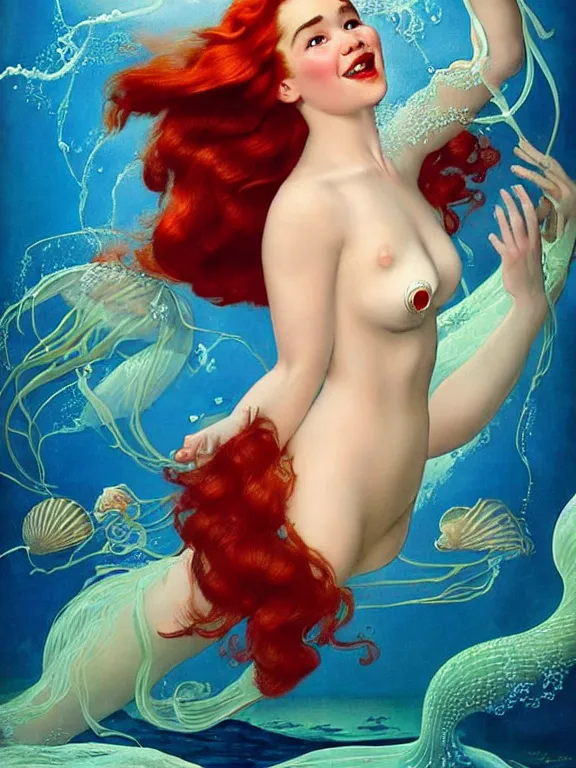 Image similar to Emilia Clarke with red hair as the little mermaid, a beautiful art nouveau portrait by Gil elvgren, beneath the ocean waves glowing jellyfish environment, centered composition, defined features, golden ratio, intricate seashell jewelry that glows, bubbles